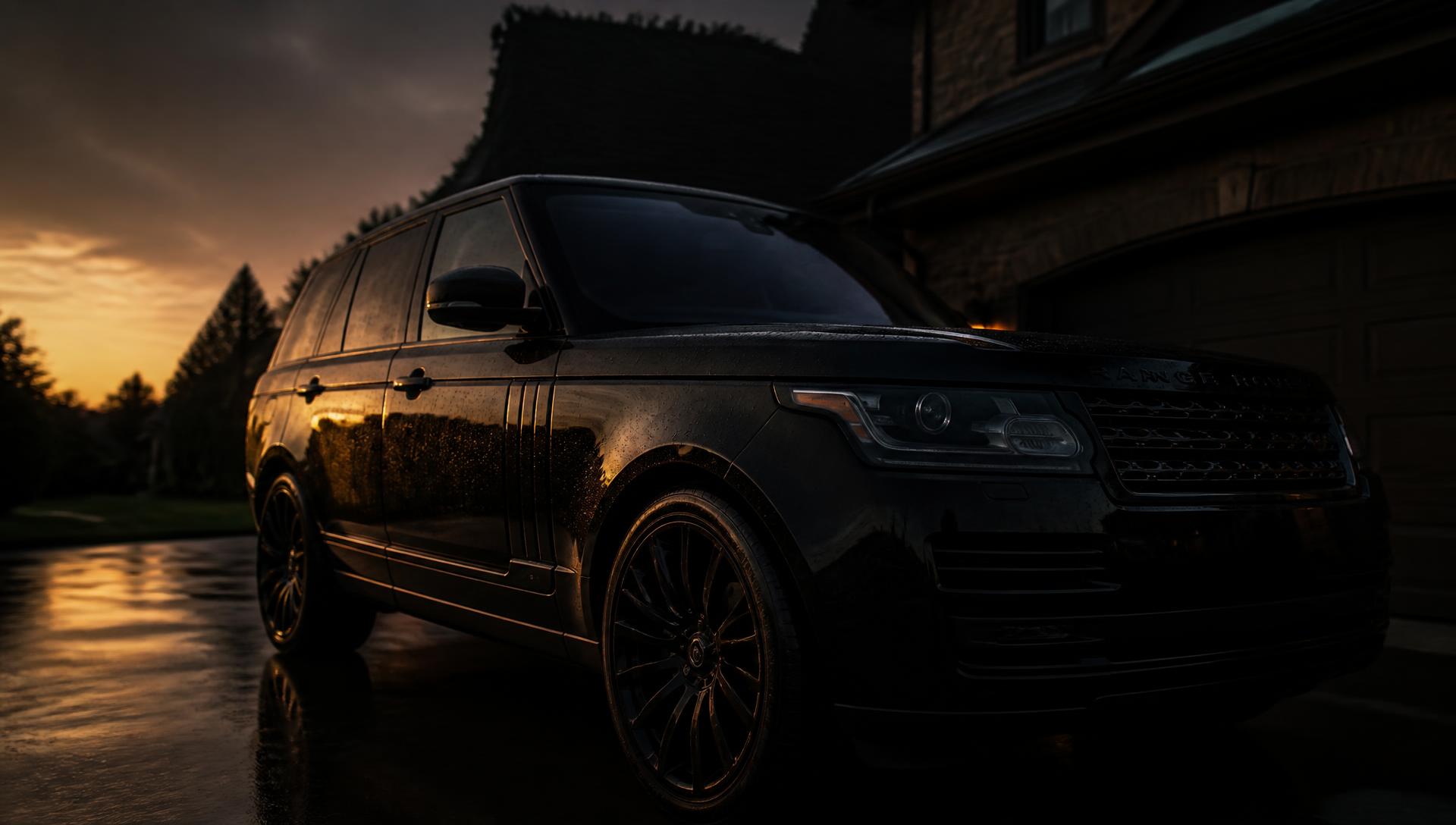 Freshly detailed black SUV glistening in a Long Island driveway at dusk